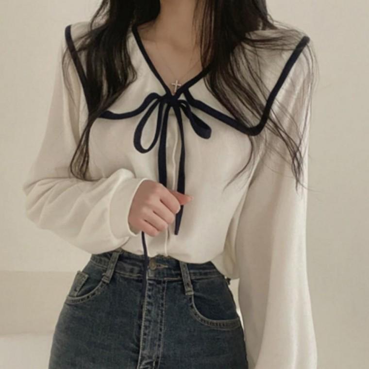 여성 세일러 카라 블라우스 러블리 리본 스트랩 긴팔 브라우스