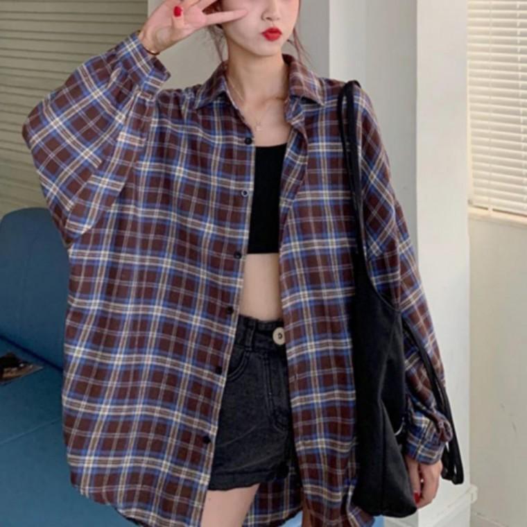 여성 체크 오버핏 셔츠 남방 캐주얼 무드 박시핏 데일리