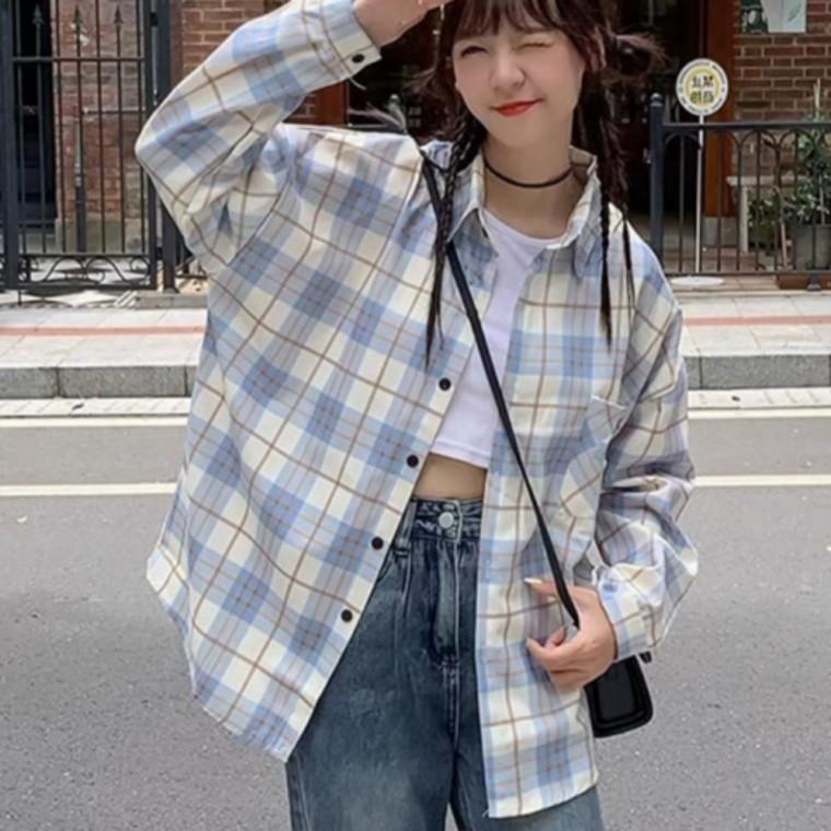 여성 내추럴 체크 셔츠 오버핏 라이트 체크 남방 데일리