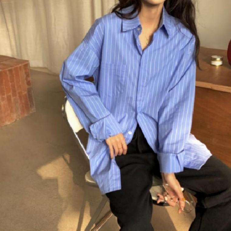 여성 세로 스트라이프 블라우스 셔츠 오버핏 롱블라우스 데일리