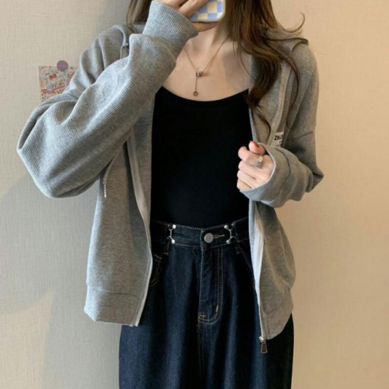 세미크롭 후드집업 루즈핏 와플 여성 간절기 와플후드집업