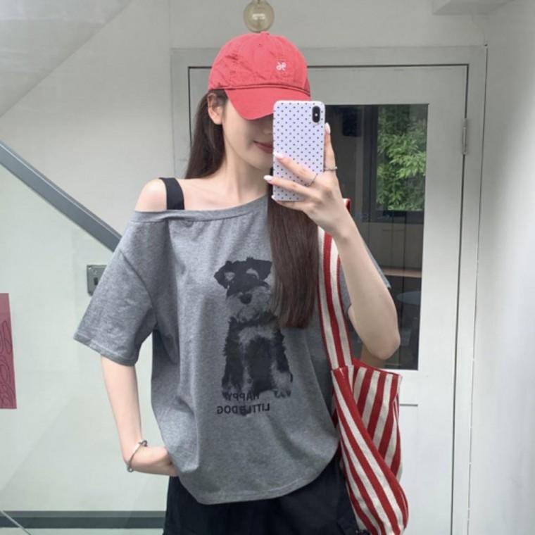 오프숄더 언발 밴딩티셔츠 여성 루즈핏 반팔 티셔츠