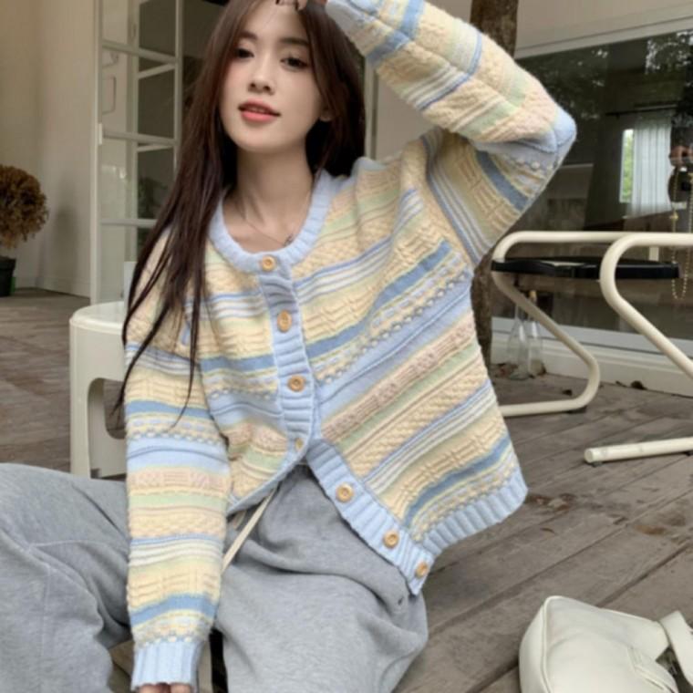 스트라이프 배색 파스텔 라운드넥 여성 가디건 긴팔가디건