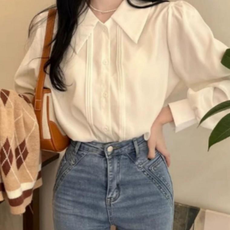블라우스 긴팔 카라 브로드 출근룩 화이트 클래식