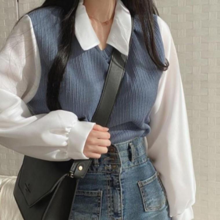 페이크 출근룩 오피스룩 블라우스 배색 긴팔 카라