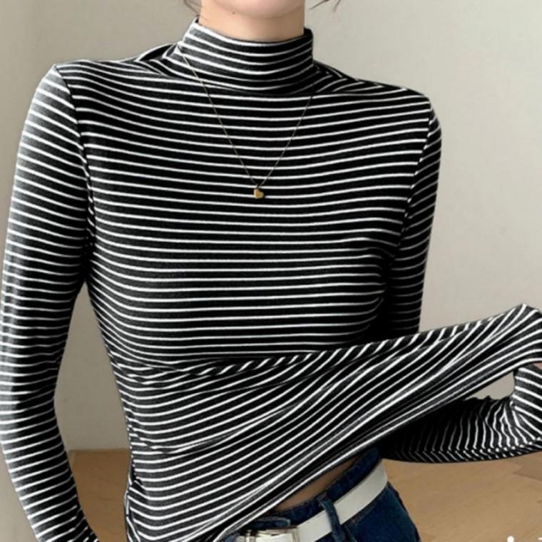 여성 스트라이프 기모 반목 폴라 반목티 터틀넥 반폴라 긴팔 티셔츠