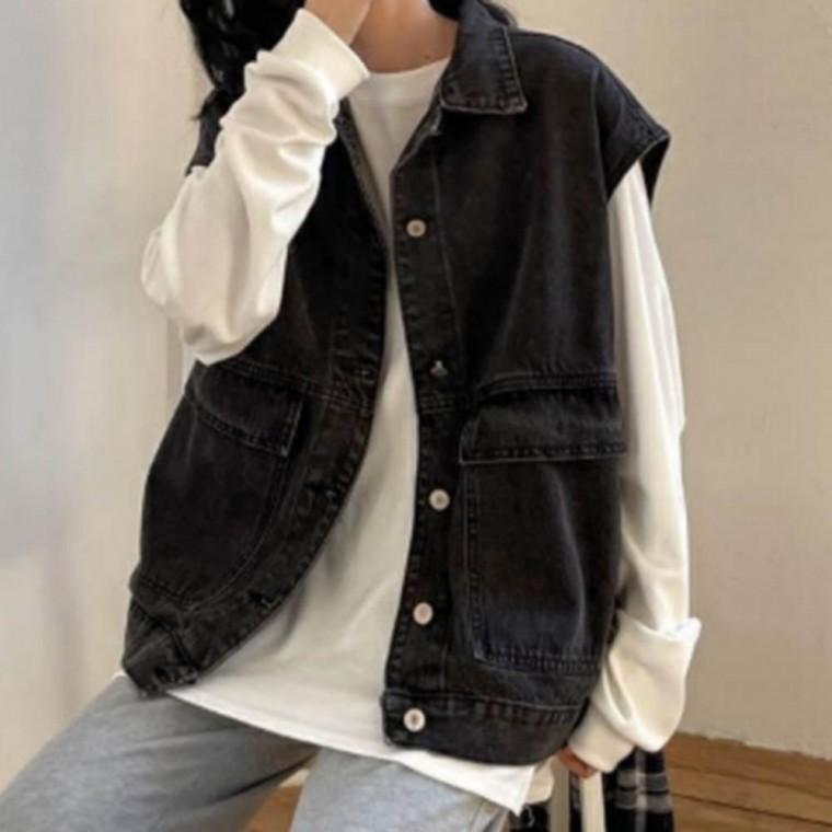 여성 블랙 데님조끼 시크 레이어드 데일리 데님 베스트