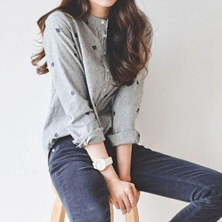 여성 자수 셔츠 스트라이프 밴드 카라 캐주얼 노카라 긴팔 남방 데일리
