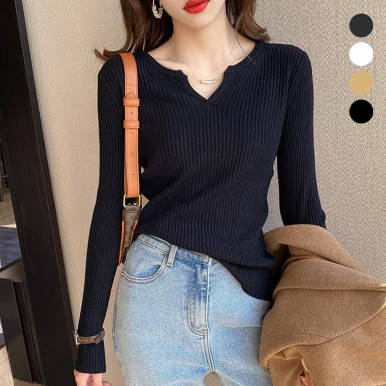 여성 골지티 오오티티 브이넥 긴팔 티셔츠