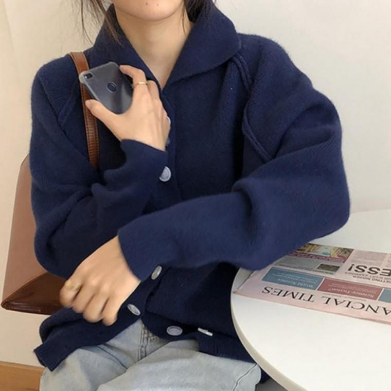 여성 카라 가디건 니트 단추 카디건 포근 스웨터