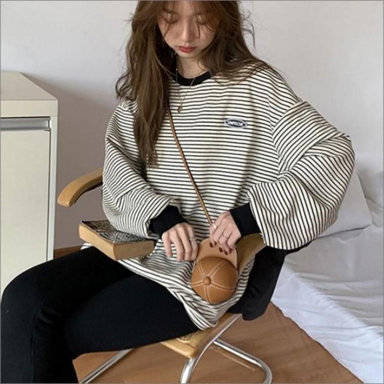 여성 보이핏 스트라이프 맨투맨 긴팔 루즈핏 단가라 티셔츠