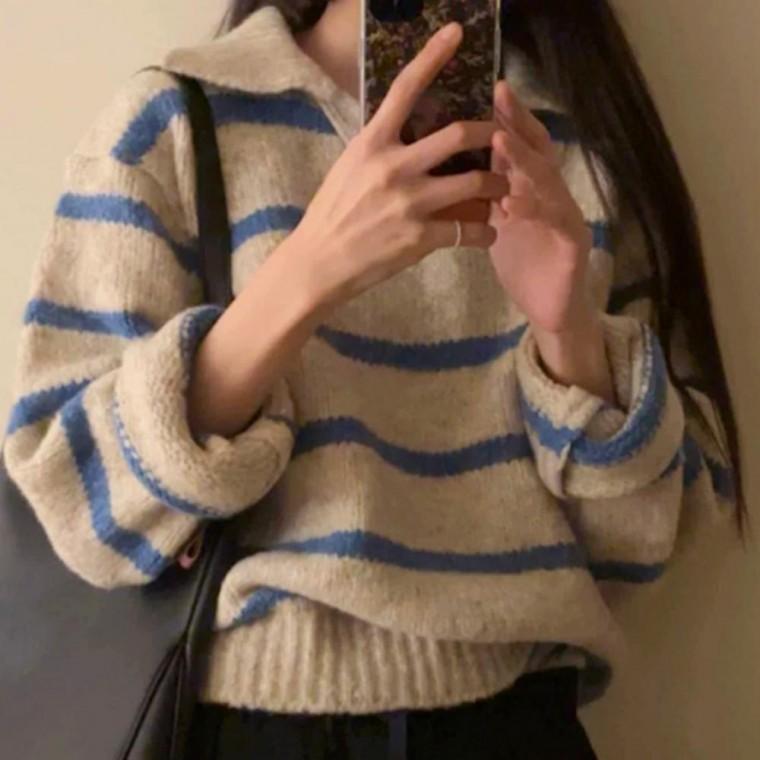 여성 오픈 카라 니트 스웨터 긴팔 단가라 도톰 간절기 데일리