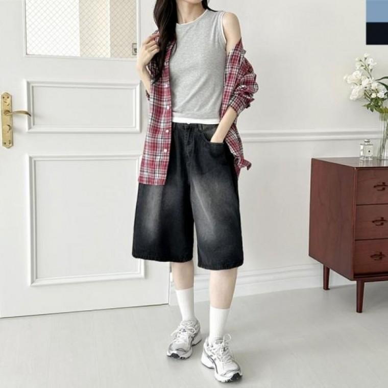 뒷밴딩 버뮤다 와이드 반바지 옆핀턱 데님 여자