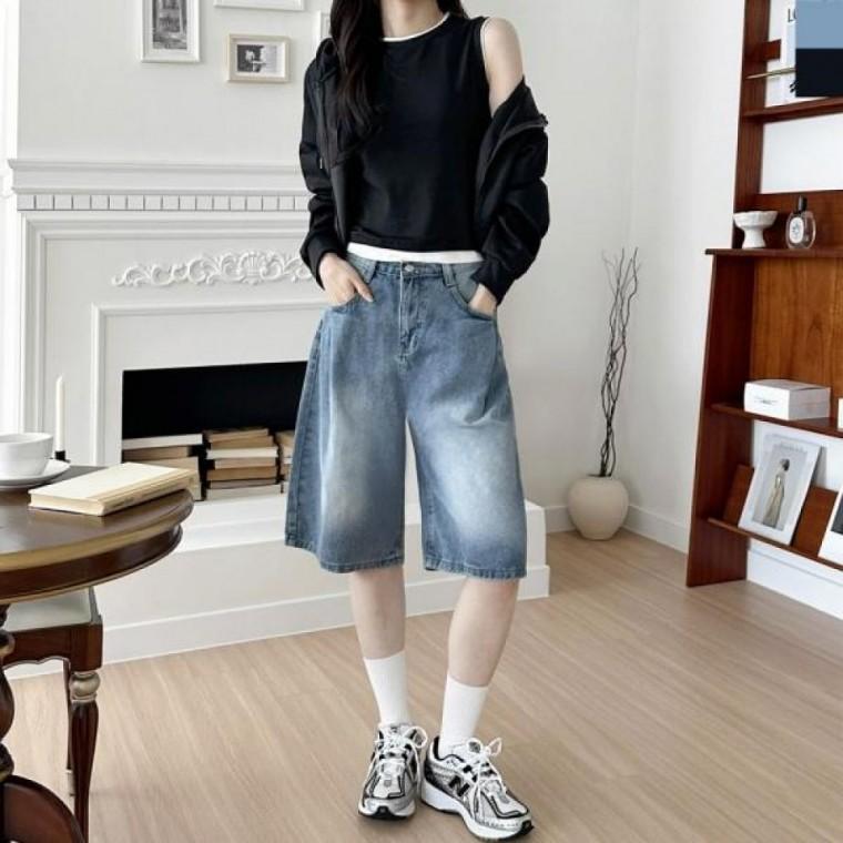 데님 반바지 여자 버뮤다 뒷밴딩 앞핀턱