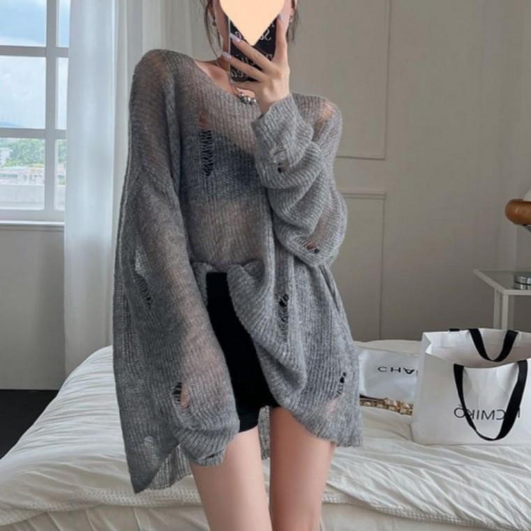 긴팔니트티셔츠 빈티지 헤짐 시스루 루즈핏 긴팔 티셔츠