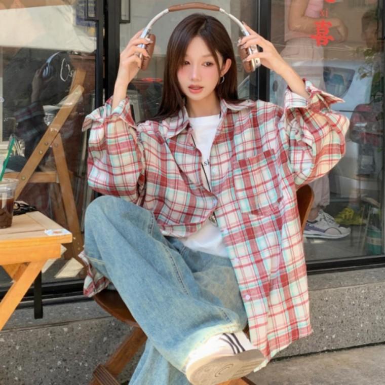 체크 셔츠 긴팔 네모 카라 데일리 패턴 긴팔셔츠