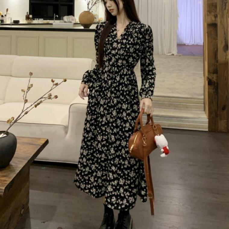 랩스타일 원피스 브이넥 플라워 A라인원피스 하객원피스