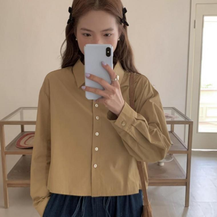 뒷트임 크롭 베이직 카라 셔츠 루즈핏셔츠 린넨셔츠