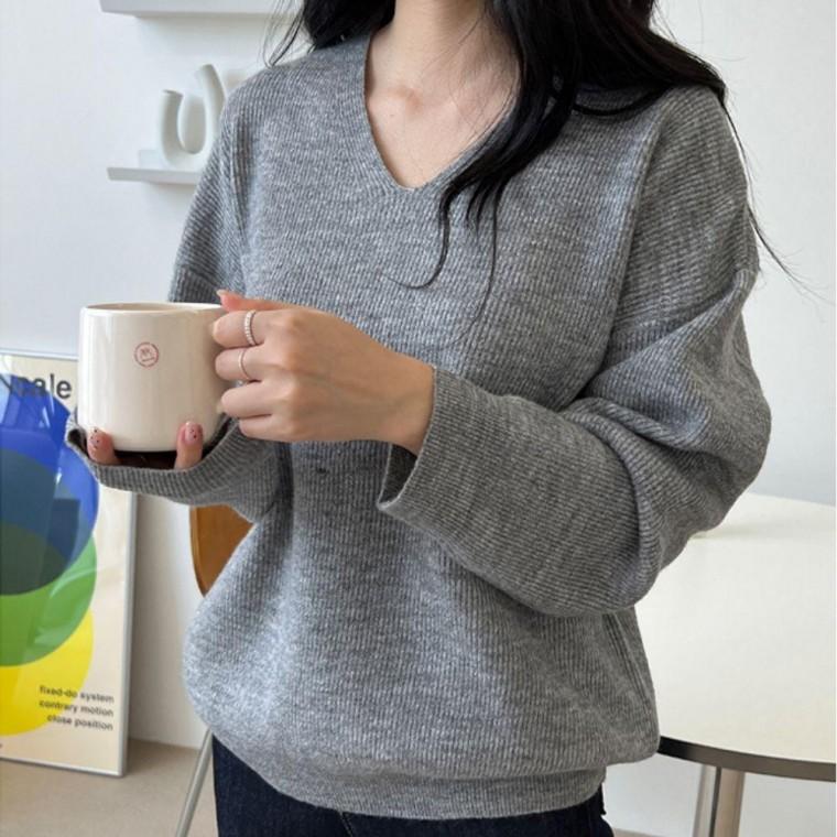 울소재 여자 오버핏 브이넥 니트 1P 루즈핏 스웨터