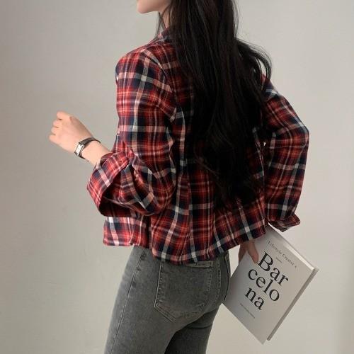 데일리 크롭 체크셔츠 여자 긴팔 플란넬 남방 간절기 루즈핏 캐주얼 셔츠