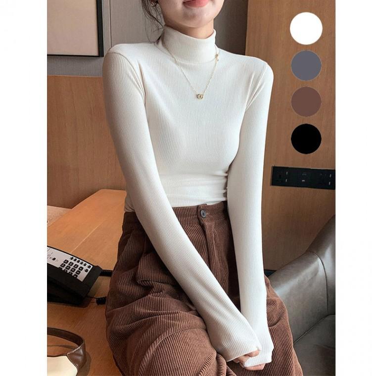 여성 모크넥 부드러운 골지 하프넥 티셔츠