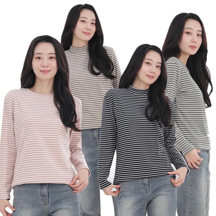 여성 기모 반목 단가라 티셔츠 라운드 스트라이프 양면기모 긴팔티