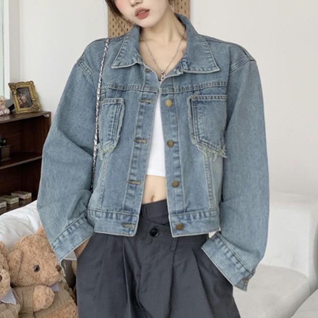 여성 루즈핏 포켓 빈티지 데님 청자켓