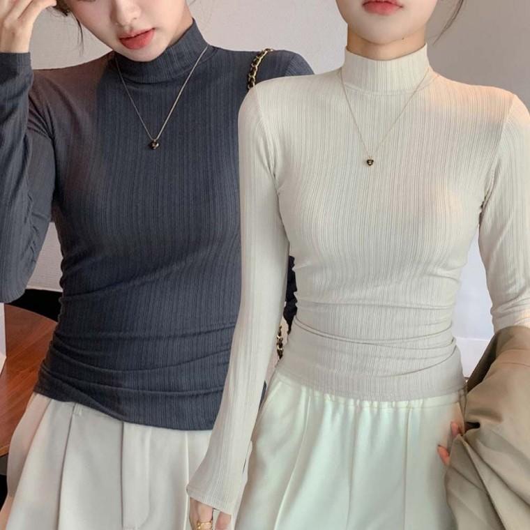 슬림 스타일 부드러운 소재 긴팔 하프넥 티셔츠 여자 골지 반목 맨투맨티셔츠 레이스나시 롱티