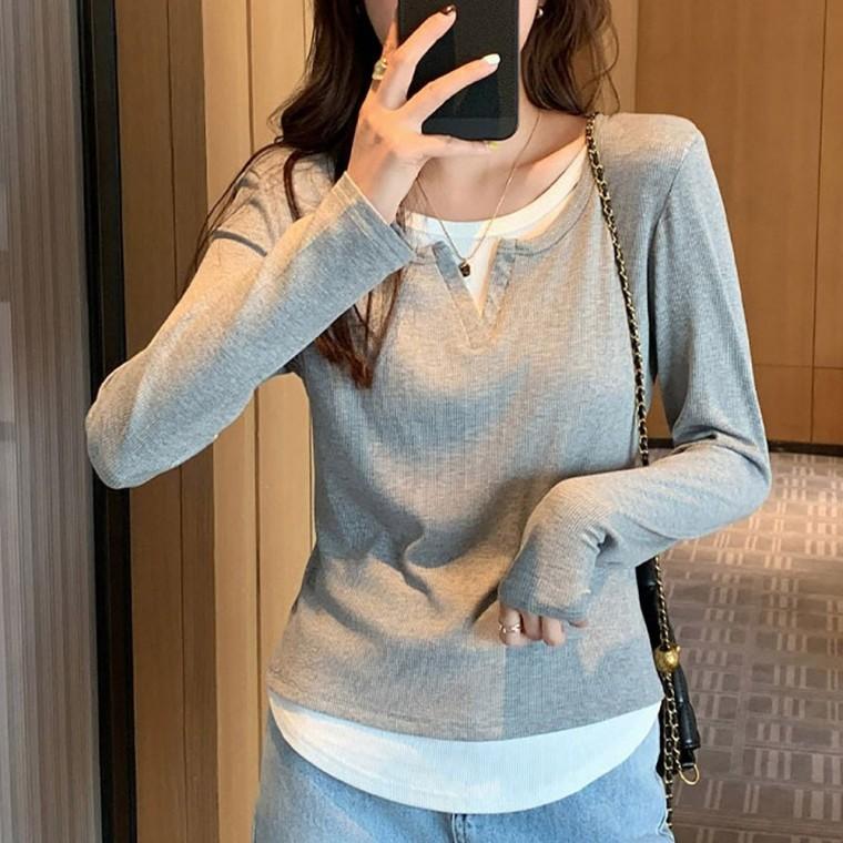 골지 브이넥 간편 외출 긴팔 티셔츠 여자 레이어드 스타일 레이어드티셔츠 골지티셔츠 봄티셔츠
