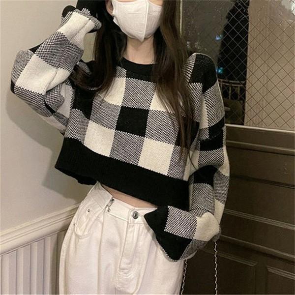 스트라이프 체크패턴 여성 크롭 긴팔티셔츠