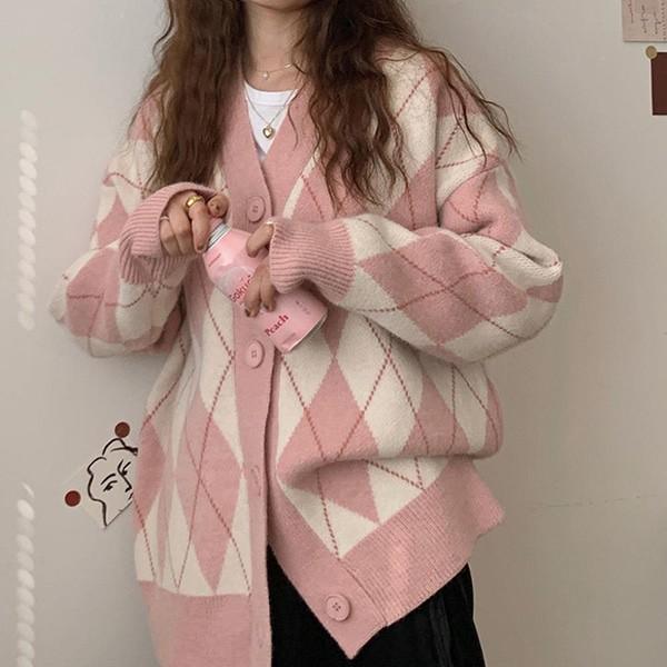 모던 아가일 패턴 브이넥 가디건 여성아우터