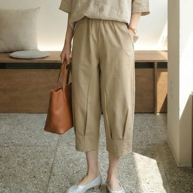 여름 가을 편한 소프트 린넨 바지 7부 벌룬 배기 커브드 쿨링 밴딩 팬츠 키작녀바지