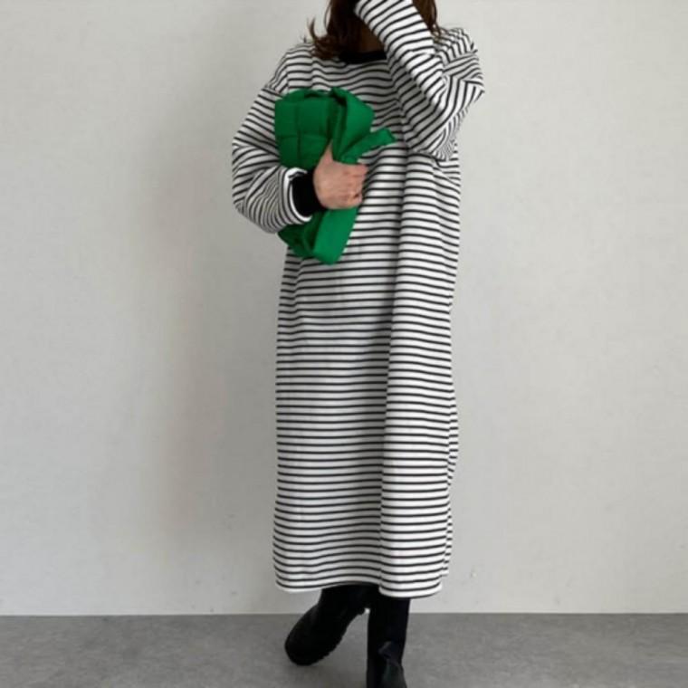 겨울가을 레깅스코디 나들이 간절기 줄무늬 여성 하객룩 롱 기모 가을 데일리 원피스 스트라이프