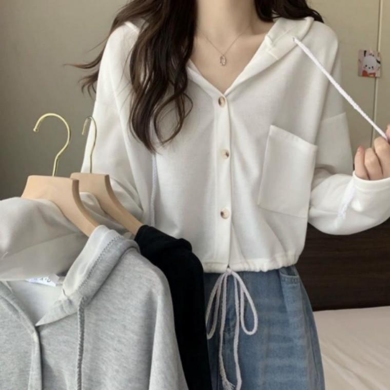 캐주얼핏 스트링 후드 가디건 여성용 가을 니트 아우터 데일리룩 세련된 상의 예쁜 가디건 외투