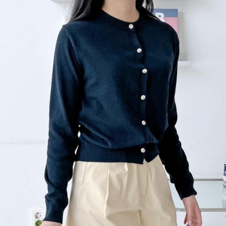 긴팔 라운드넥 코튼 가디건 간절기 봄 가을 유넥 여성용 심플한 상의 세련된 데일리 외투