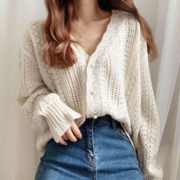 브이넥 펀칭 루즈핏 긴팔 니트 가디건 여성용 봄 가을 상의 세련된 데일리 아우터 예쁜