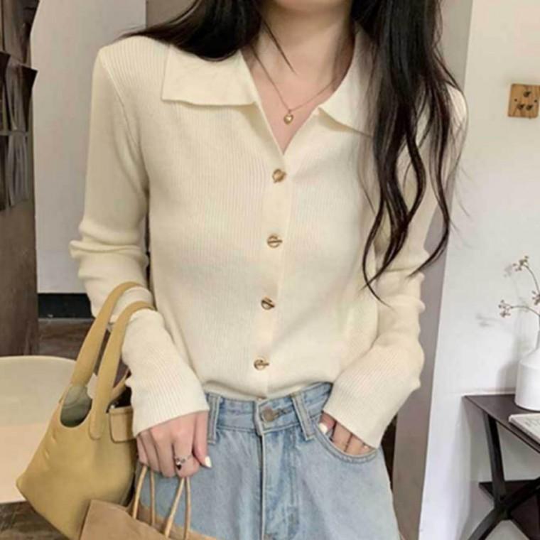 잔골지 니트 카라 가디건 여성 긴팔 봄 가을 캐주얼룩 세련된 상의 예쁜 포인트 아우터