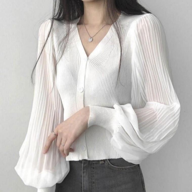 골지 블라우스 가디건 퍼프 플 브이넥 여성용 세련된 상의 예쁜 포인트 가을 아우터