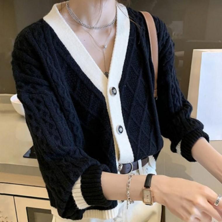 배색 라인 꽈배기 가디건 여성용 브이넥 세련된 상의 포인트 가을 아우터 예쁜 데일리 코디