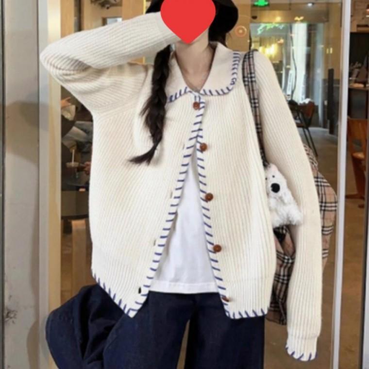 스티치 디테일 카라 니트 가디건 여성용 캐주얼 세련된 상의 예쁜 가을 아우터 데일리룩