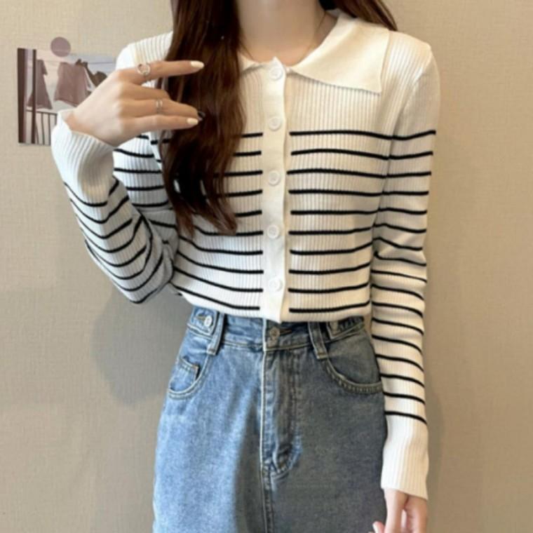 카라 니트 가디건 스트라이프 패턴 여성용 가을 상의 데일리 세련된 예쁜 아우터 코디