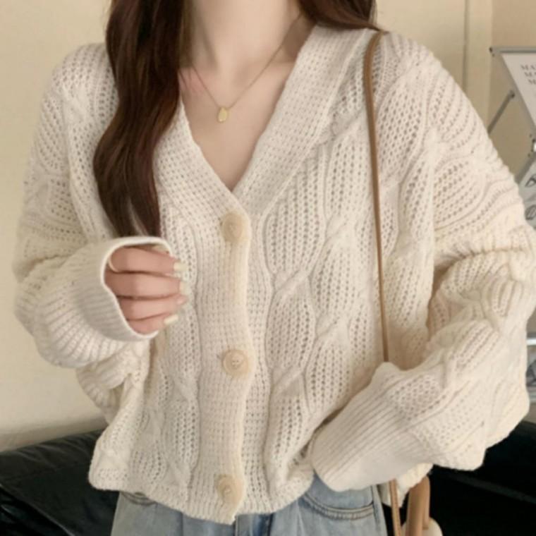 크롭 가디건 여성 베이직 2컬러 브이넥 니트 꽈배기 가을 아우터 세련된 상의 데일리룩