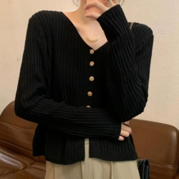 여성 미니멀 골지 세미 크롭 브이넥 가디건 4컬러 가을 아우터 데일리룩 세련된 상의 심플한 크롭 니트 예