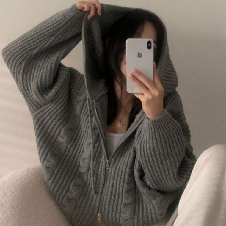 윈터 케이블 후드 니트 집업 가디건 여성용 가을 겨울 아우터 포근한 꽈배기 니트 점퍼 데일리룩 세련된 외