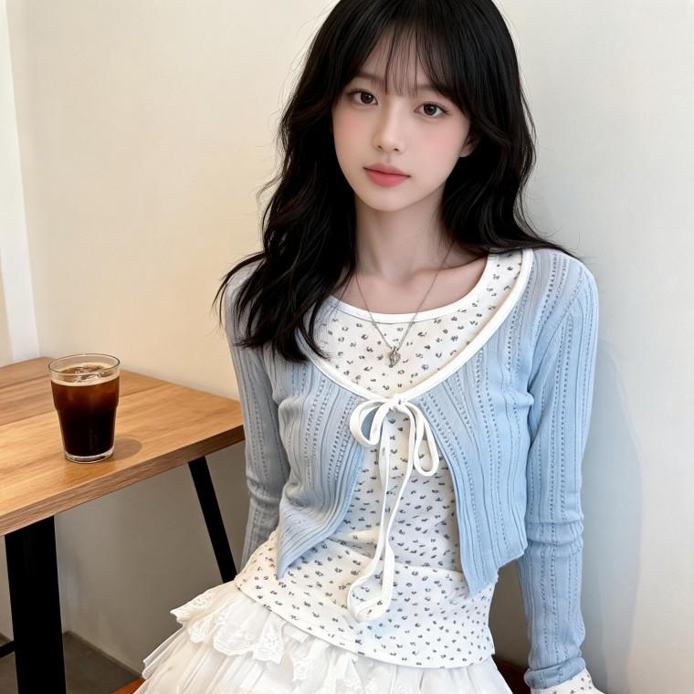 플라워 리본 긴팔 가디건 레이어드 티셔츠 봄 가을 데일리룩 등교룩 데이트룩