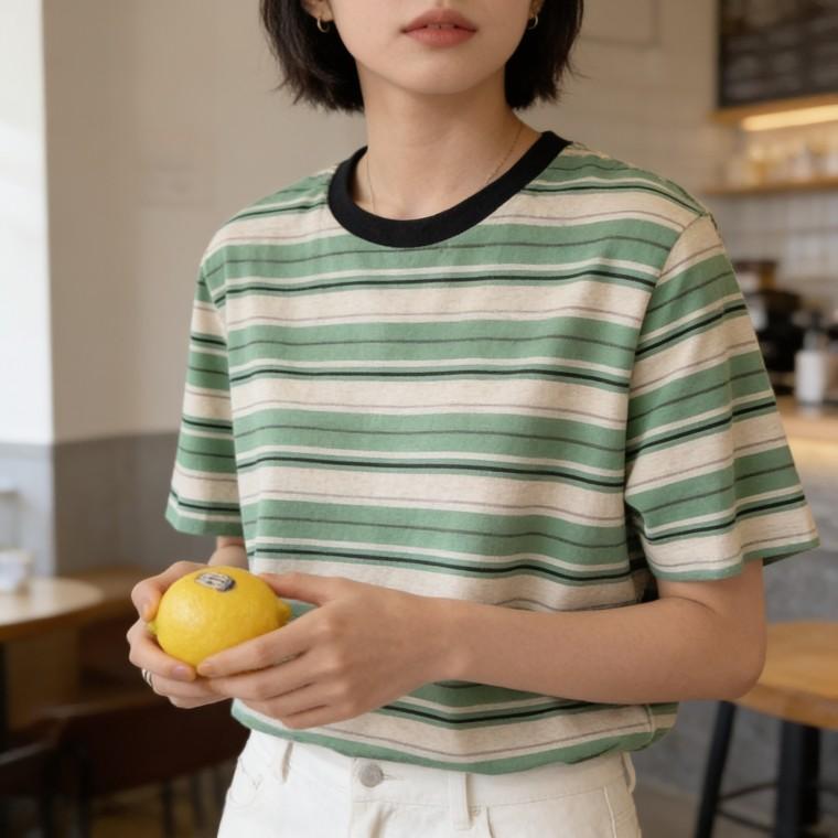 스트라이프 단가라 배색 티셔츠 가을 봄 간절기 데일리룩 라운드넥 긴팔