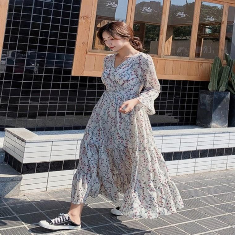 가을원피스 여성플라워 롱원피스 브이넥 플레어원피스 쉬폰 쉬폰원피스 2컬러