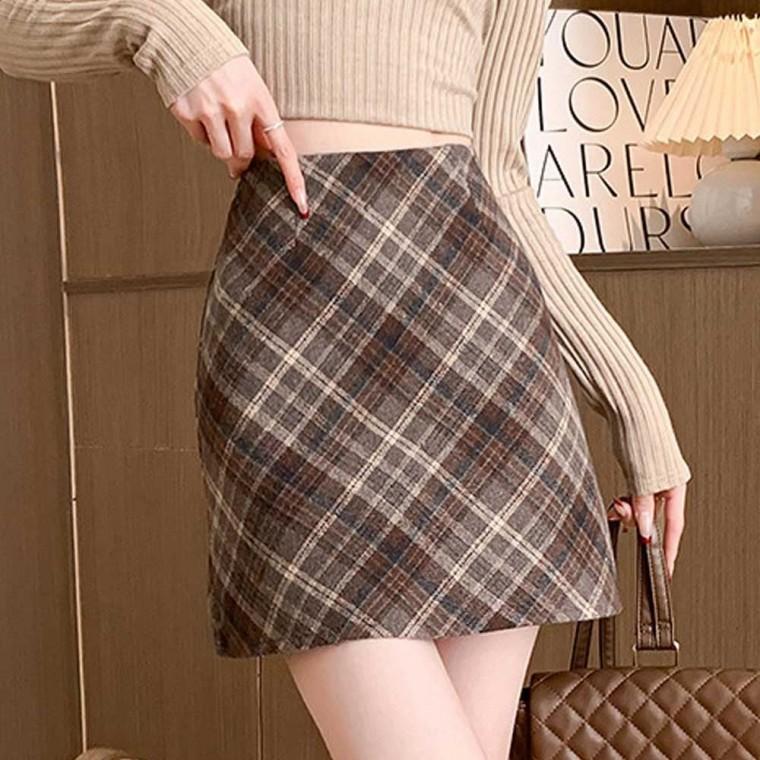 체크 모직 미니 스커트 숏 치마 여성 가을 데이트 룩