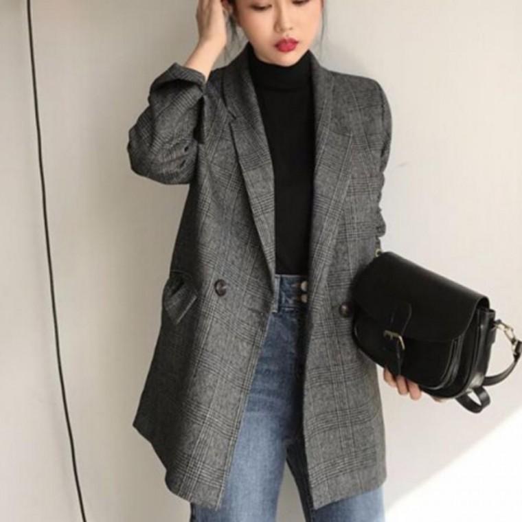 롤업 체크 소매 자켓 가을 의류 여성 기본템 아우터
