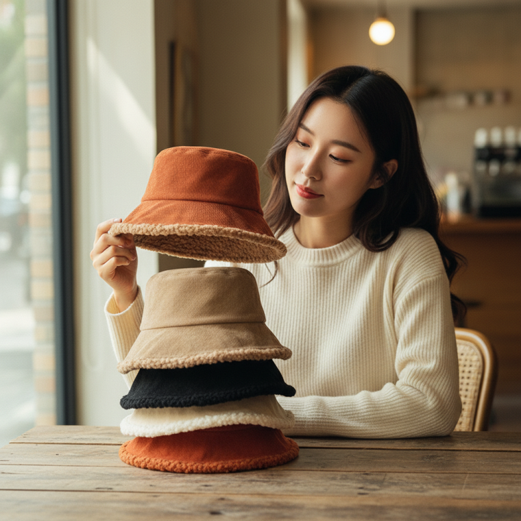 포근한 골덴 겨울 여성용 버킷햇 벙거지 모자 가을용